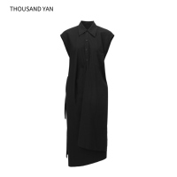 Robe chemise sans manches 100% coton pour femme, robe midi asymétrique, col drapé décontracté, poche, robe d'été unie, noire