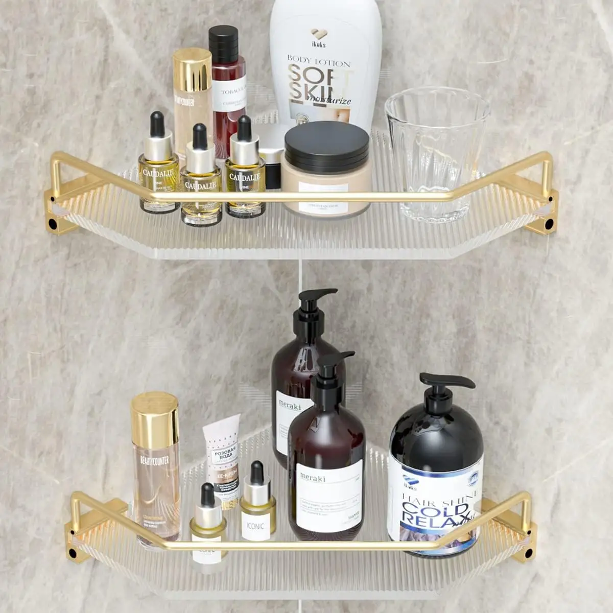 2-Pack Gold Acrylic Corner Shelf for Bathroom Shower Organizer No Drilling