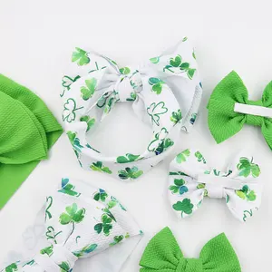 2Pics/Set Green Headband For St Patrick's Day Clover Bow Headwraps Polyester High Stretch Princess Hair Accessories Wholesale