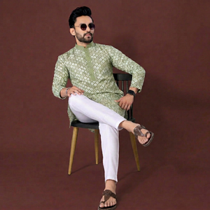 Conjunto Tradicional Kurta Pathani de Algodón Estampado para Hombre con Mangas Largas para Bodas, Diwali, Fiestas y Uso Diario - Product Image 1