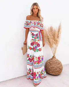 Ladies Long Summer One-shoulder Floral Caaual Dress Summer Ruffle Strapless Bohemian Sundress Beach Casual Dresses