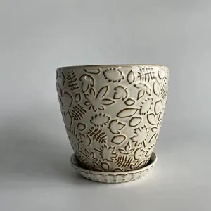 Nordic Home Garden Supplies Hand Carved Pattern leaves Round Grey Set Combination Ceramic Flowerpots
