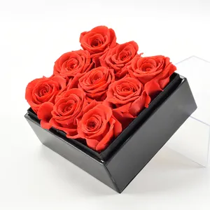 Valantine günü hediyesi için dekoratif korunmuş gül çiçek akrilik hediye kutusu