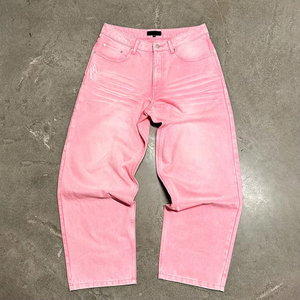 Jeans personnalisés à taille haute avec broderie, pantalon en denim unisexe rose vintage délavé à l'acide, jeans baggy pour hommes - Product Image 1