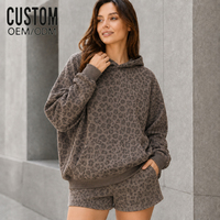 Ensemble décontracté pour femme, sweat à capuche oversize imprimé léopard, en molleton de coton, avec poche kangourou et short assorti