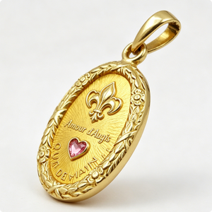 Medalla Irregular Chapada Amour D'Augis con Corazón Rosa y Flor de Lis, Diseño Moderno con Relieve para el Día de San Valentín - Product Image 2