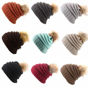 Women Knit Beanie with Faux Fur Pompom Solid Ribbed Winter Thick Skull Hat Cap