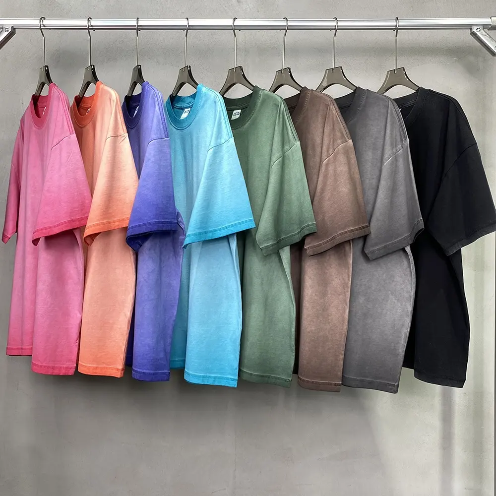 Yingling 250 g Grafik-T-Shirt Baumwolle Rohhem Loch zerrissen Tropfen Schulter zerschlissen geschnitten T-Shirts Acid-Wash-T-Shirts überdimensioniert