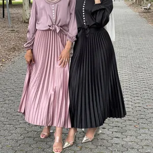 Rok Maxi Panjang Muslim, Rok Lipit Wanita Pinggang Elastis Midi Kasual Elegan Bentuk Huruf A Warna Polos, Rok Maxi Panjang Muslim Musim Semi Modis