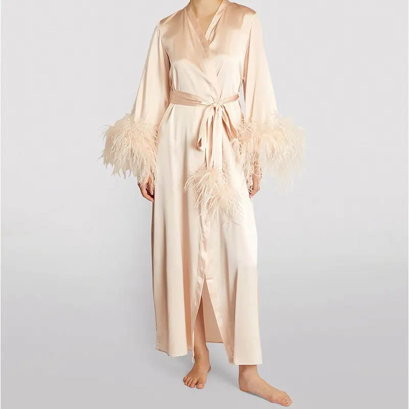 Wholesale New Arrival Satin Kimono Robe Long Pajamas Bath Bride Ostrich Feather Bridesmaid Loungewear Women Silk Sleepwear