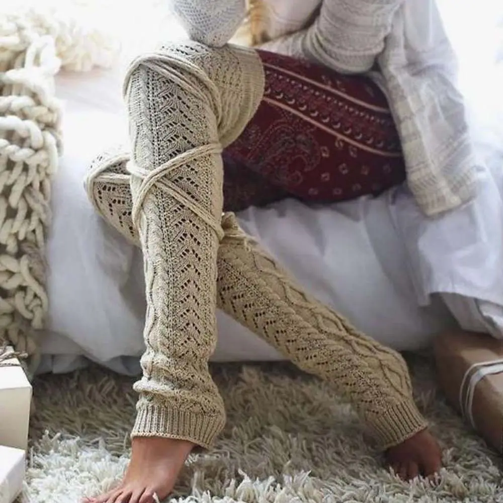 DDA1844 Women Footless Knitted Crochet Thigh High Stockings Warm Wool Tie Over Knee Sock Knit Solid Color Winter Long Tube Socks