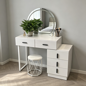 Modern <b>Makeup</b> Vanity <b>With</b> Oval <b>Mirror</b> Storage Drawers Bedroom Dressing Table <b>With</b> Stool - Product Image 3