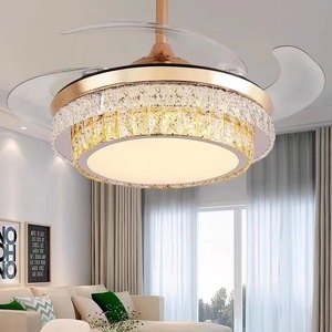 Ventilateur de plafond moderne pour salon de villa avec éclairage LED et télécommande, 5 vitesses, montage encastré, finition dorée et cristaux - Product Image 6