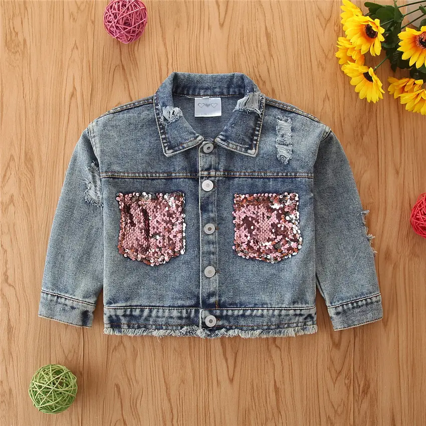 2022 New Toddler Girl Washed Distressed Sequins Pocket Jean Coat 2-6 Years