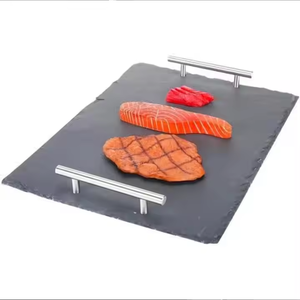 Plateau de service rectangulaire noir personnalisé, planche à fromage en <span class=keywords><strong>ardoise</strong></span> avec poignées, vaisselle en pierre naturelle à prix abordable - Product Image 4