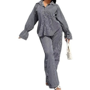 Women's Striped Button-<b>Down</b> Bell-Sleeve Long-Sleeve Shirt & Wide-Leg <b>Pants</b> African Casual 2-Piece Set Fashion - Product Image 1