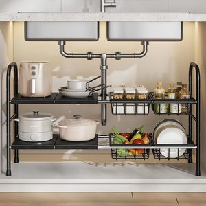 Organisateur d'évier de cuisine en métal à 2 niveaux, plateau de rangement extensible à longueur réglable, support autoportant à double niveau - Product Image 3