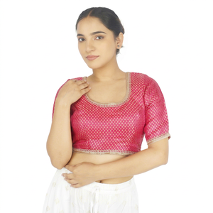 Pink Formal Embroidered Yarn Dyed Blouse for Women Woven Short Sleeve Square Neck <b>Crop</b> <b>Top</b> for Wedding Party - Product Image 1