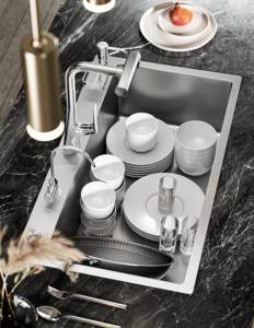 Évier de cuisine à cuve unique en acier inoxydable 304 épaissi de 5 mm, à motif volcanique en relief, avec système de récupération des débris - Product Image 4