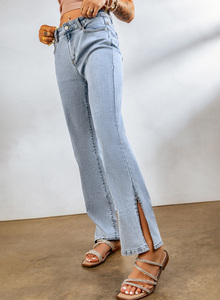 Dear-Lover Vente en gros Jeans évasés pour <span class=keywords><strong>femme</strong></span> bleu ciel taille haute à fente à la cheville - Product Image 2