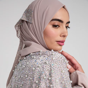 Vestido Abaya Musulmán Modesto 2026, Abaya Beige con Cuentas de Perlas y Capa de Chifón Transparente, Ropa de Noche Islámica para Mujeres con Hiyab - Product Image 1