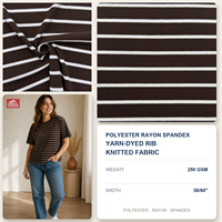 Tissu côtelé rayé teint en fil, polyester, rayonne, viscose, élasthanne, 250 GSM, marron et blanc, tricoté pour T-shirts, polos, robes - Vente en gros