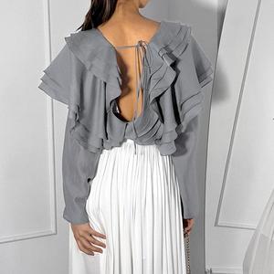 เสื้อคอวีแขนยาวโชว์หลังแต่งระบายสำหรับผู้หญิงเสื้อยืดลำลองเสื้อแฟชั่นเสื้อเบลาส์ - Product Image 3