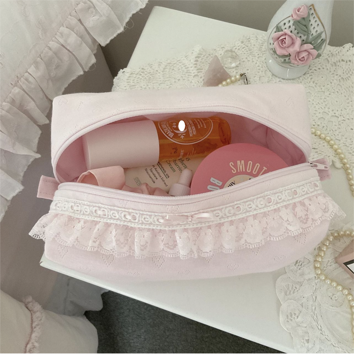 New Pointelle Pink Cosmetic Bag with Embroidery & Lace Trim 