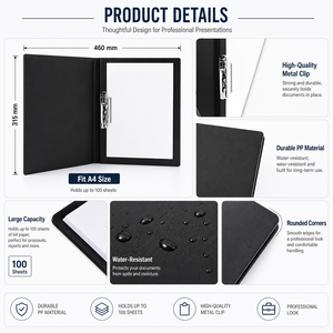 Classeur à anneaux A4 sans perforation avec pochette, clip métallique flexible et couverture en polypropylène pour le <span class=keywords><strong>travail</strong></span> et l'école - Product Image 4