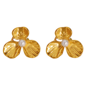 Flower <b>Stud</b> Earrings Gold Pearl Bezel Setting <b>Titanium</b> Steel Party Jewelry EH139 - Product Image 5