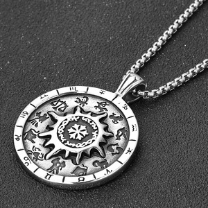 Stainless Steel Twelve <b>Constellation</b> Compass Pendant <b>Necklace</b> Men's Fashion Jewelry Gift Retro Style 60cm Chain - Product Image 3