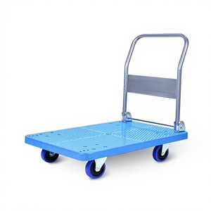 Chariot à plateforme pliable en plastique bleu lac avec poignée en acier, chariot à quatre roues pour le transport en entrepôt et en supermarché - Product Image 1