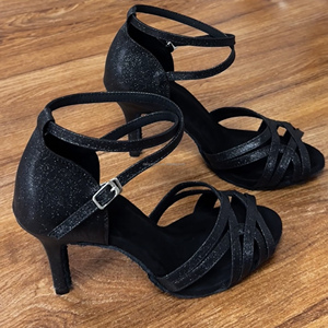 Zapatos <span class=keywords><strong>de</strong></span> Baile Latino/Salsa/Bachata para Mujer LUOQIAO S033, Parte Superior Negra Brillante con Purpurina, Tacón Medio-Alto, Suela <span class=keywords><strong>de</strong></span> Gamuza Suave/Cuero Genuino - Product Image 2
