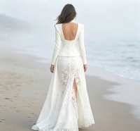Robe de soirée blazer à manches longues pour femme, robe longue en dentelle blanche grande taille, robe de soirée élégante fendue pour mariage et fête