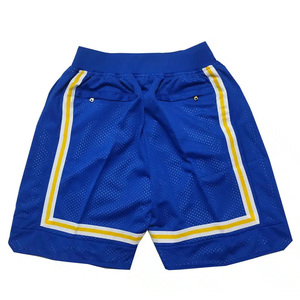 Shorts de basketball personnalisés pour hommes, bleu et jaune à rayures, impression par sublimation, taille à cordon, coupe ample, vêtements de sport décontractés - Product Image 2