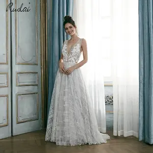 PEV-L3042 Glitter Tulle Applique Gaun Pesta Prom Panjang Leher V Bersinar Abendkleid Gaun Malam Pesta Prom Aline