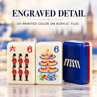 Ubin Mahjong Suvenir London Berukir Dua Sisi Akrilik Tiga Lapis Biru Baru, Set Mahjong Landmark Inggris Latar Belakang Biru