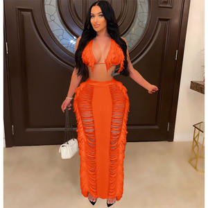 Hot Selling Tank Top With Maxi <b>Skirt</b> 2 Piece Set Women Outfits for Women Solid Set With Tassels Women Set - Product Image 2