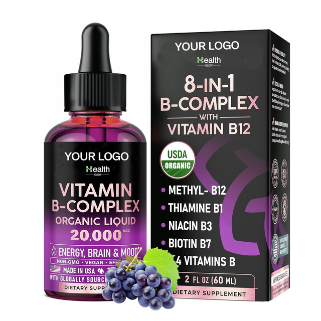 OEM 8 in 1 Multivitamin B Complex B12 Oral Liquid Drops Providing Energy Antioxidant Dietary Supplements Brain Health Teenagers