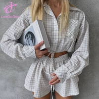 Ensemble pyjama Loveda pour femme, décontracté, tendance, doux, 100 % coton, respirant, à carreaux, chemise à manches longues et short