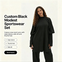 Tenue de sport modeste noire unie OEM personnalisée 2 pièces pour femme, col rond, manches cape, fente latérale, trou pour le pouce, tunique musulmane classique