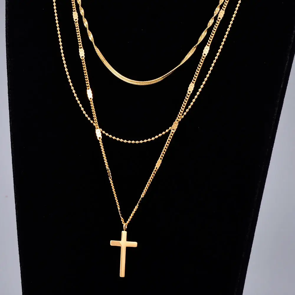 2023 New Gold Plated 304/316l Stainless Steel Cross Necklace Pendant Three Layered Chain Necklace For Women