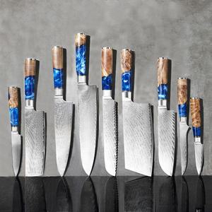 มีดเหล็กดามัสกัสด้ามไม้เรซิ่นสีน้ำเงินแบบพิเศษ พร้อมแกนเหล็ก VG10 ญี่ปุ่น 67 ชั้น คุณสมบัติแบบใช้แล้วทิ้ง - Product Image 1