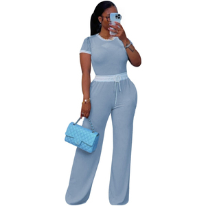 Ensemble 2 pièces décontracté pour femme : haut côtelé à col rond et manches courtes avec pantalon, couleurs contrastées, style urbain et tendance - Product Image 2