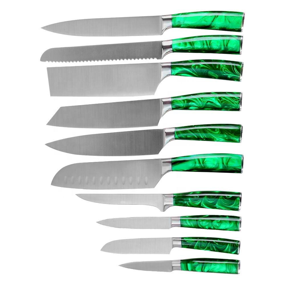 Фабрика зеленые кристаллы горного ручка 10 шт набор ножей из нержавеющей стали для мяса овощей новый дизайн ножей шеф-повара шлифовальные лезвия набор кухонных ножей