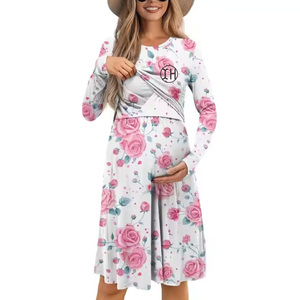 Abito da donna in cotone floreale aperto personalizzato con modeste maternità per l'<span class=keywords><strong>allattamento</strong></span> al seno manica lunga con stampa o-neck rosa - Product Image 1