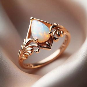 Anello di Fidanzamento Classico in Ottone con Foglia e Goccia d'Acqua, Imitazione Opale, Gioiello di Lusso Leggero, Regalo - Product Image 1