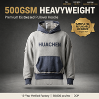 Sweat à capuche personnalisé épais 500 g/m² délavé à l'acide, coupe ample vintage, streetwear homme, pull en molleton rétro avec patchwork contrastant