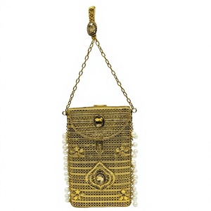 Gold Metal Clutch Bag With Floral Beading Sparkling Evening Party <b>Handbag</b> Rectangle Shape Chain Strap Flap Closure mobile sling - Product Image 1