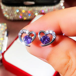 Boucles d'oreilles romantiques en diamant pour femmes E1317, clous d'oreilles ronds en diamant violet fantaisie naturel en forme de cœur - Product Image 5